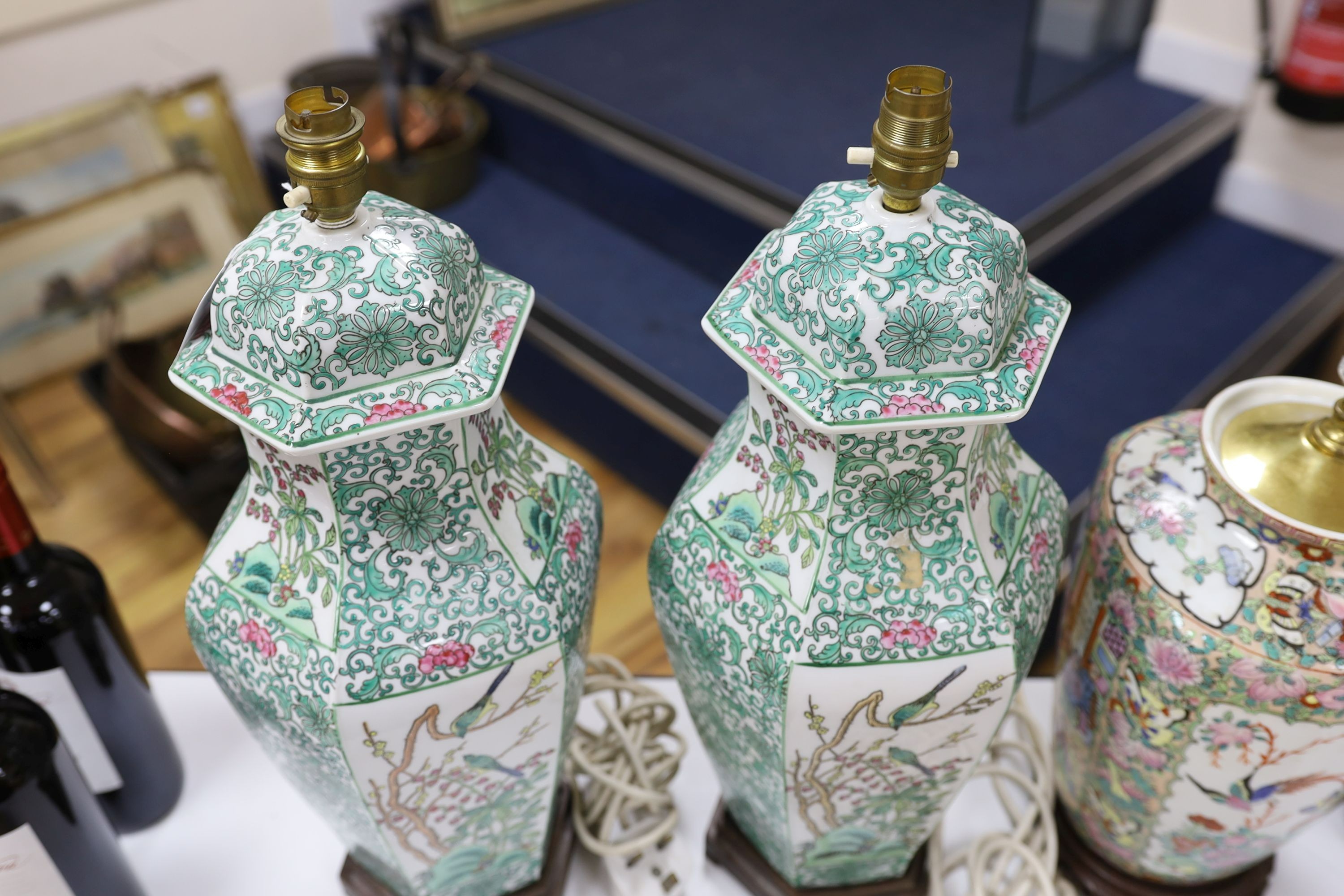 A pair modern Chinese famille rose verte vase lamps, 53cm tall, a famille rose example and Cloisonne vase (4)